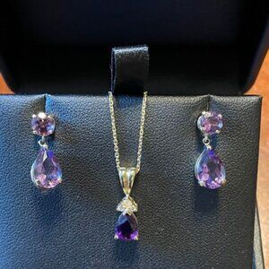14K Yellow Gold Purple Amethyst Jewelry Set Necklace Earrings